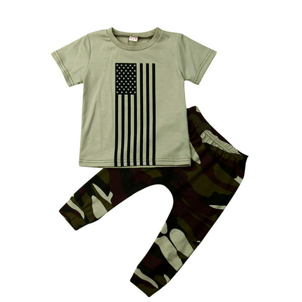 2pcs 4th of July Baby Boy Clothes Sets Summer Casual Camouflage T Shirt Top Stars Striped Flag Shorts Outfit 